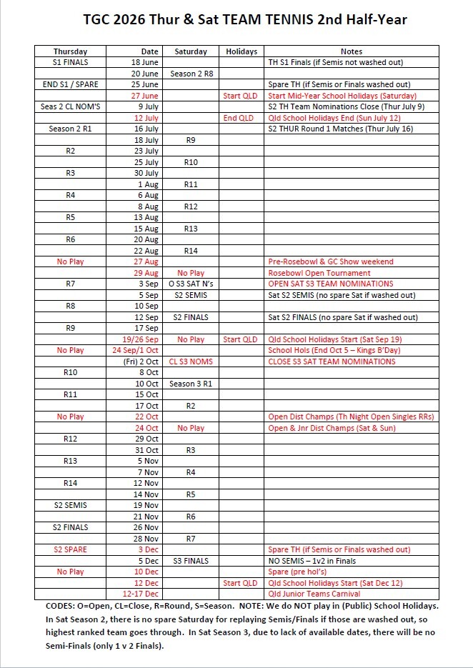 2026 Thur Sat Fixtures dates 2nd Half Year